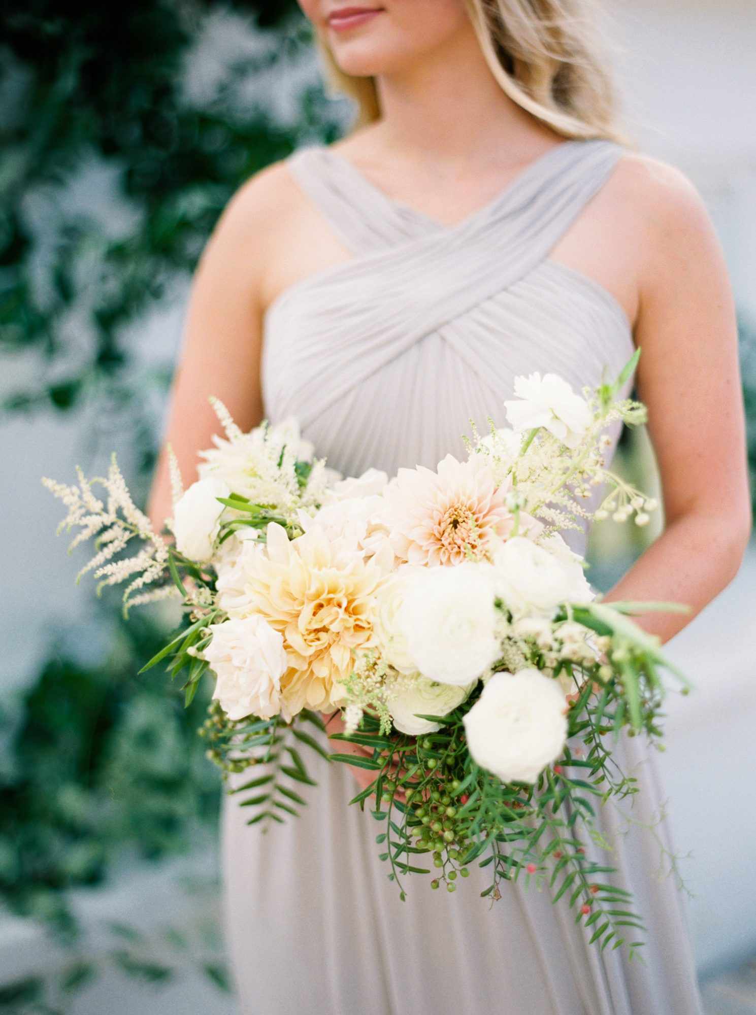 bride bridesmaid dahlia bouquet white yellow flowers