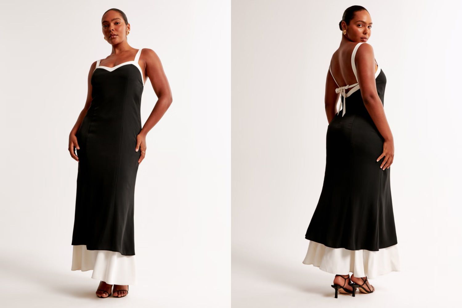 A woman modeling a black dress with straps shown from the front and back