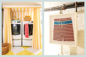 A tidy laundry area with a striped curtain and hanging swim trunks displayed in a frame