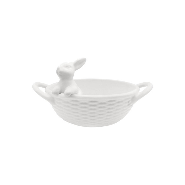 A decorative bowl with a texture resembling a woven basket featuring a small rabbit figure on its rim