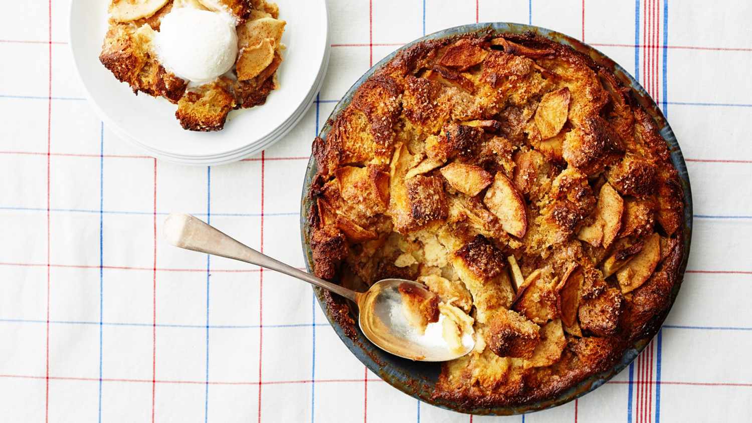 Apple pie bread pudding in bakeware