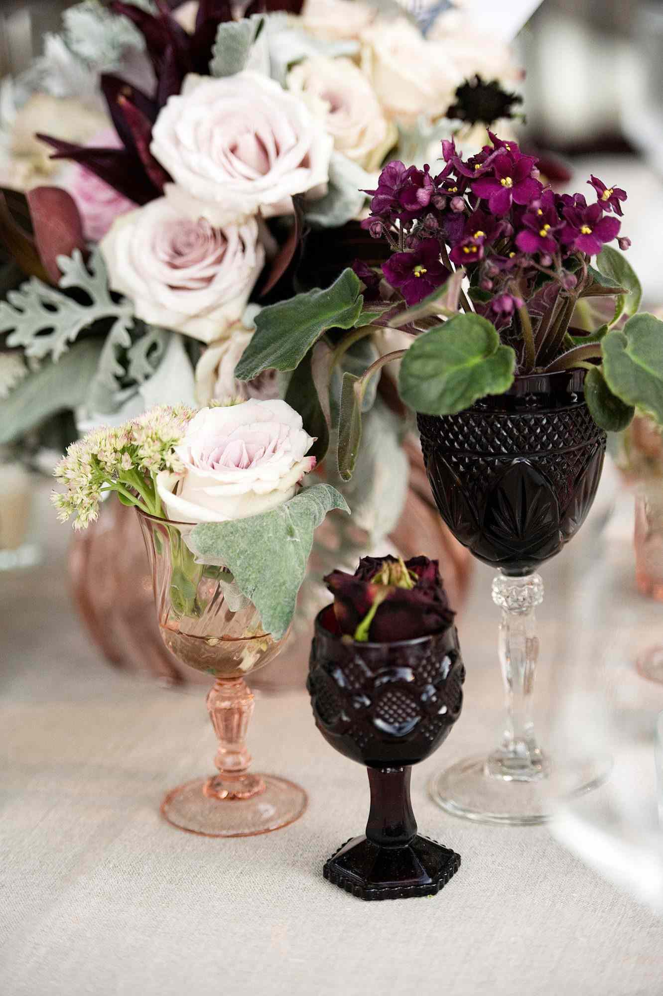 fall wedding centerpieces goblets cluster vintage florals