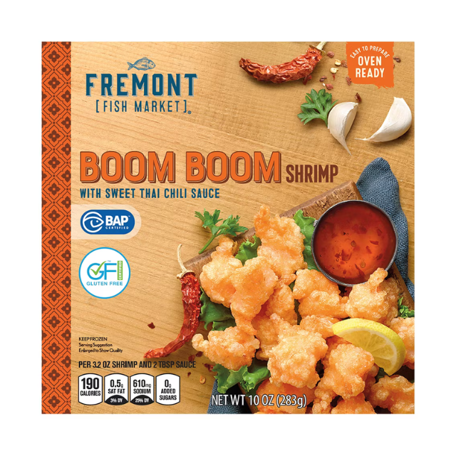 Packaging for Fremont Fish Market Boom Boom Shrimp with sweet Thai chili sauce featuring an image of the product and garnishes