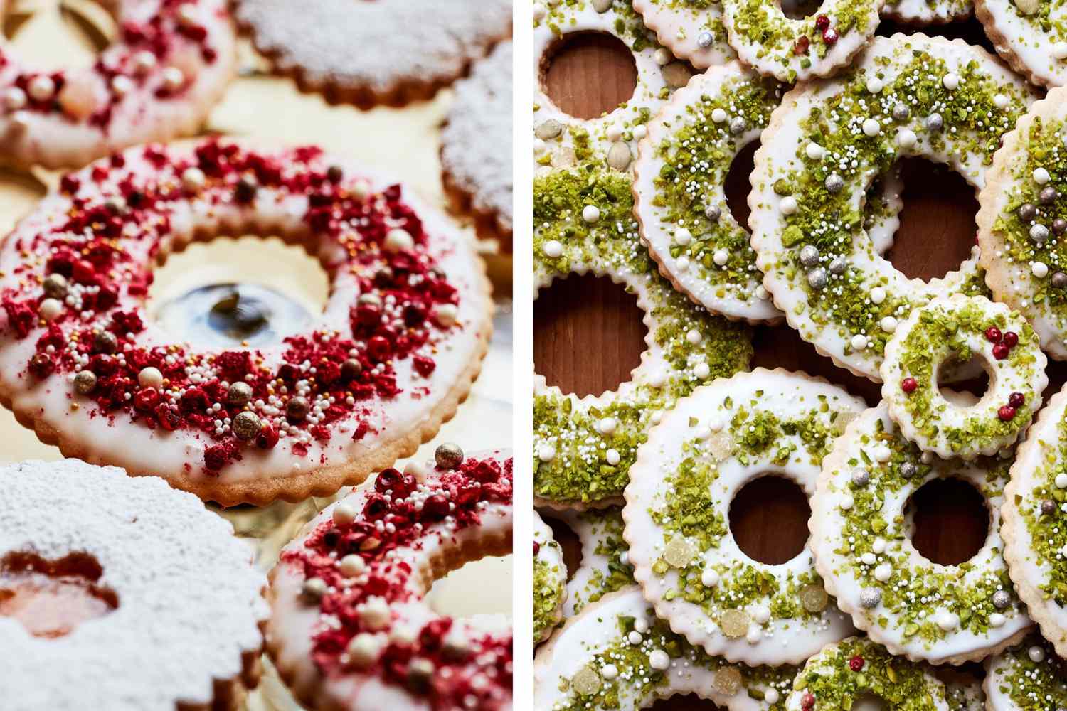 Decorative cookies in wreath shapes topped with colorful toppings