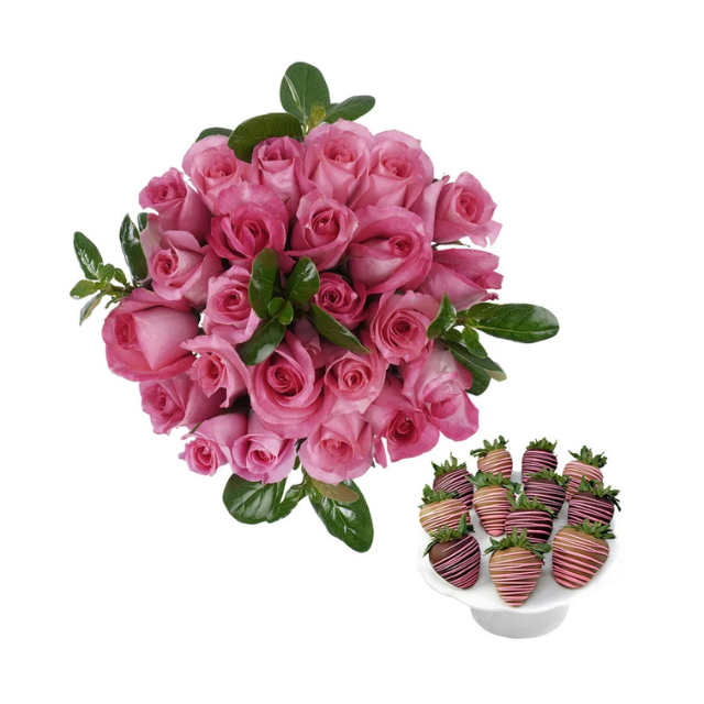 Bouquet of roses and chocolatecovered strawberries on a stand