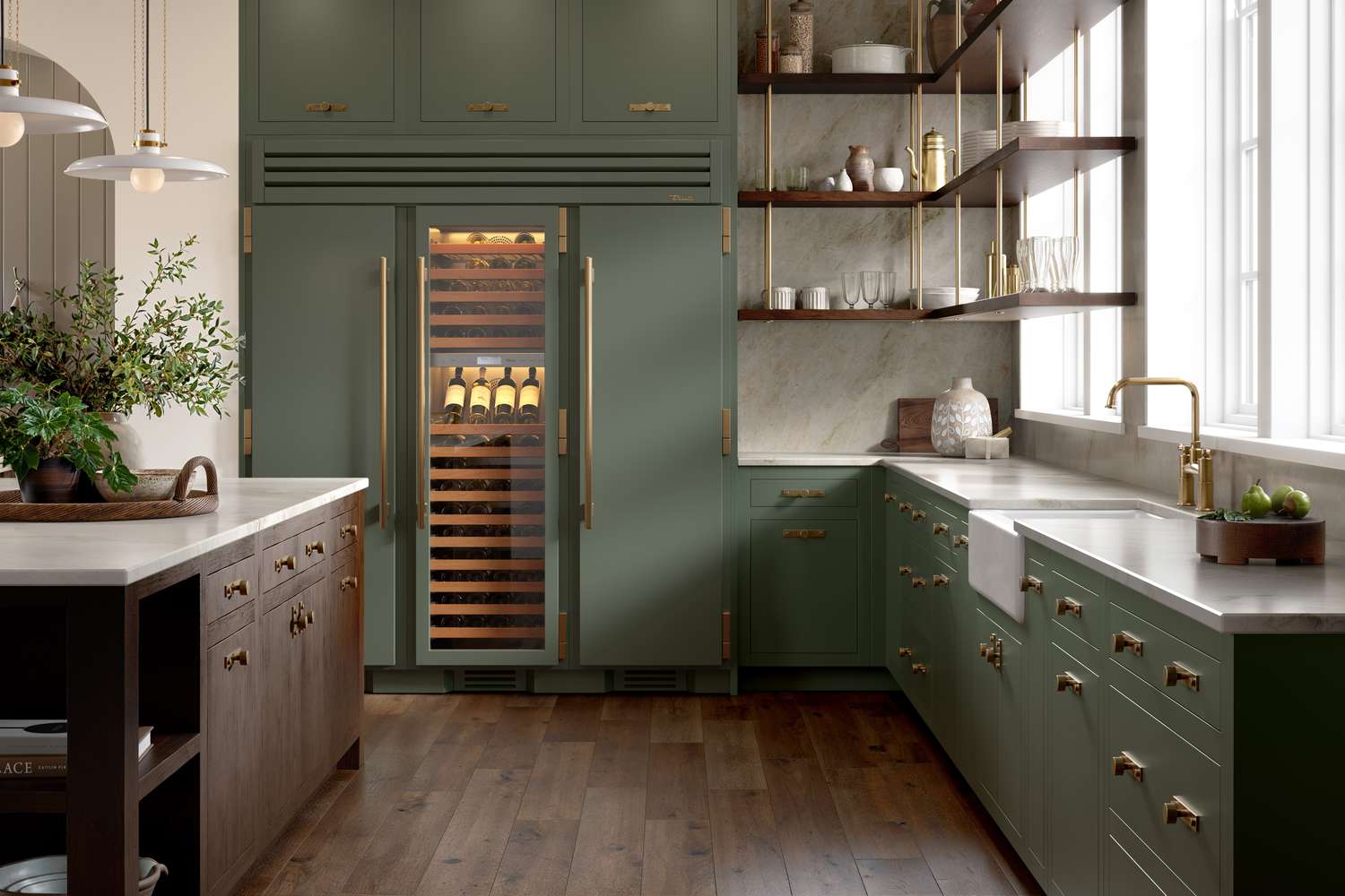 a green kitchen and refrigerator