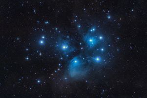 Star cluster in a night sky with numerous stars grouped closely
