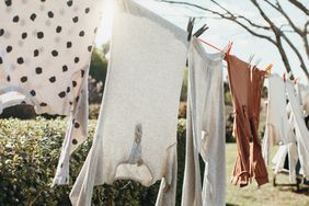 Various clothes hanging on a laundry line outdoors