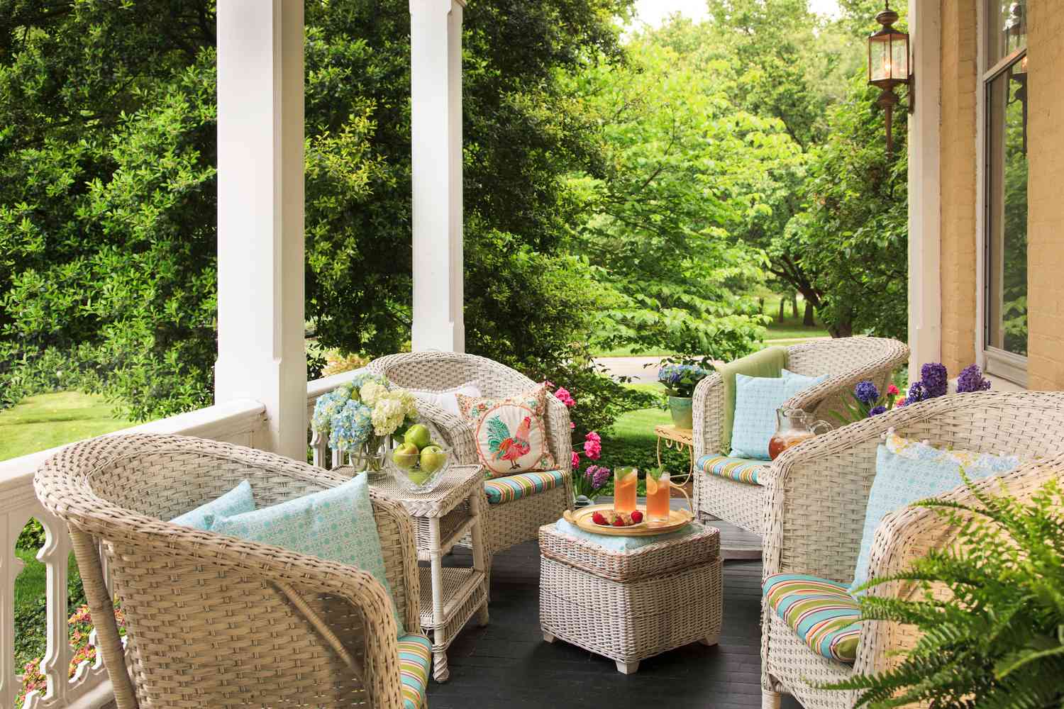 Chairs and seating with summer drinks on front porch