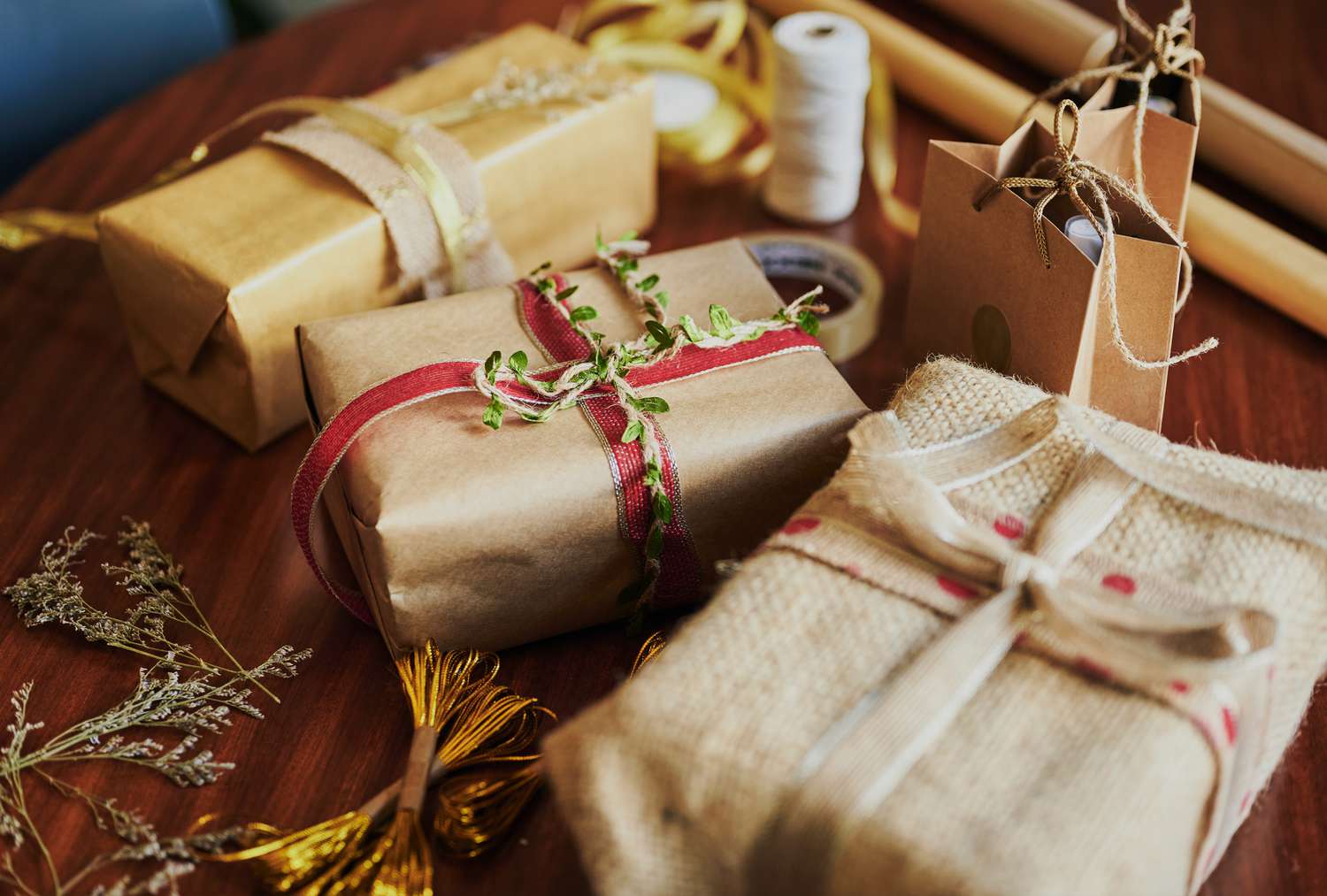 kraft paper wrapped holiday gifts