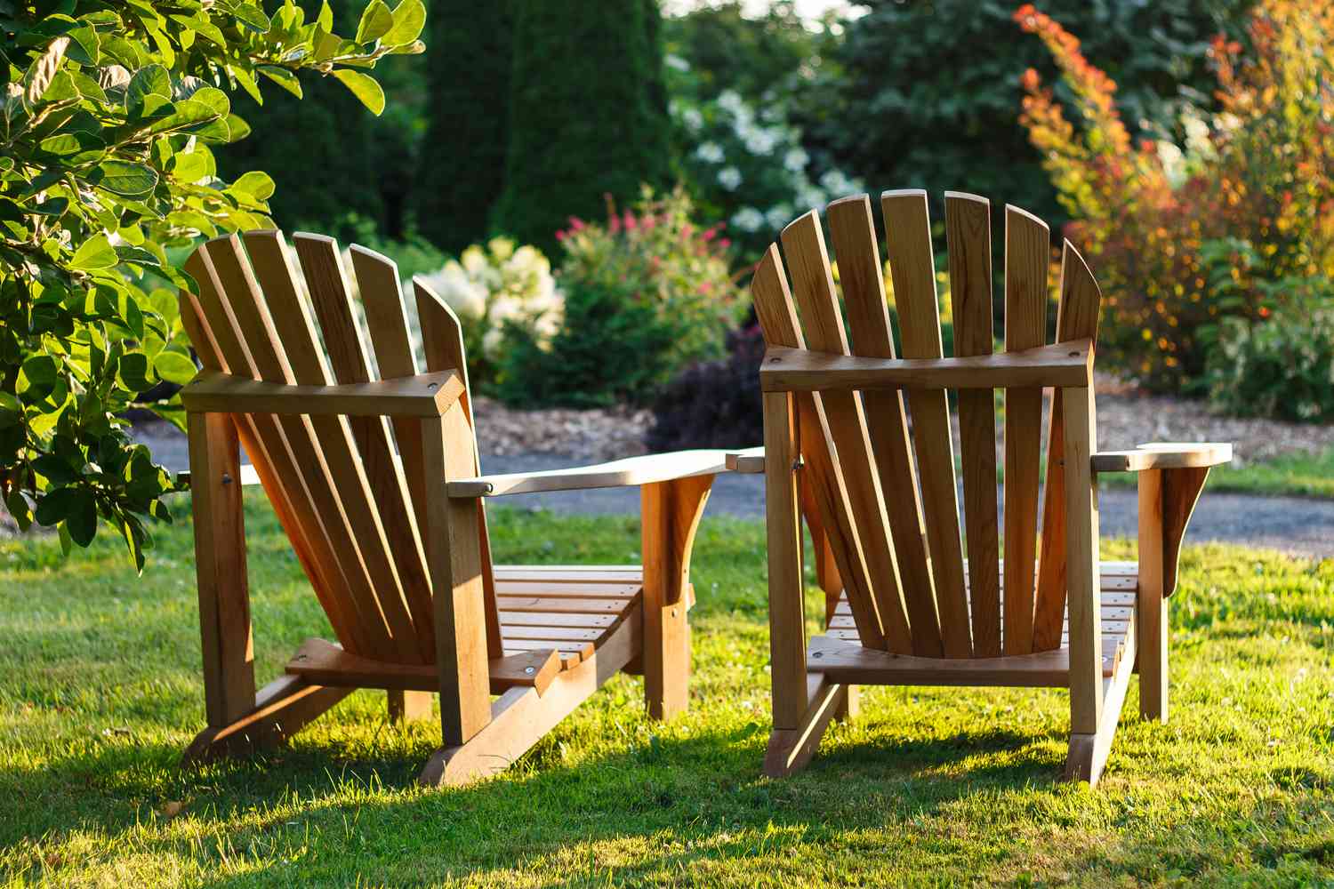 adirondack chairs in backyard