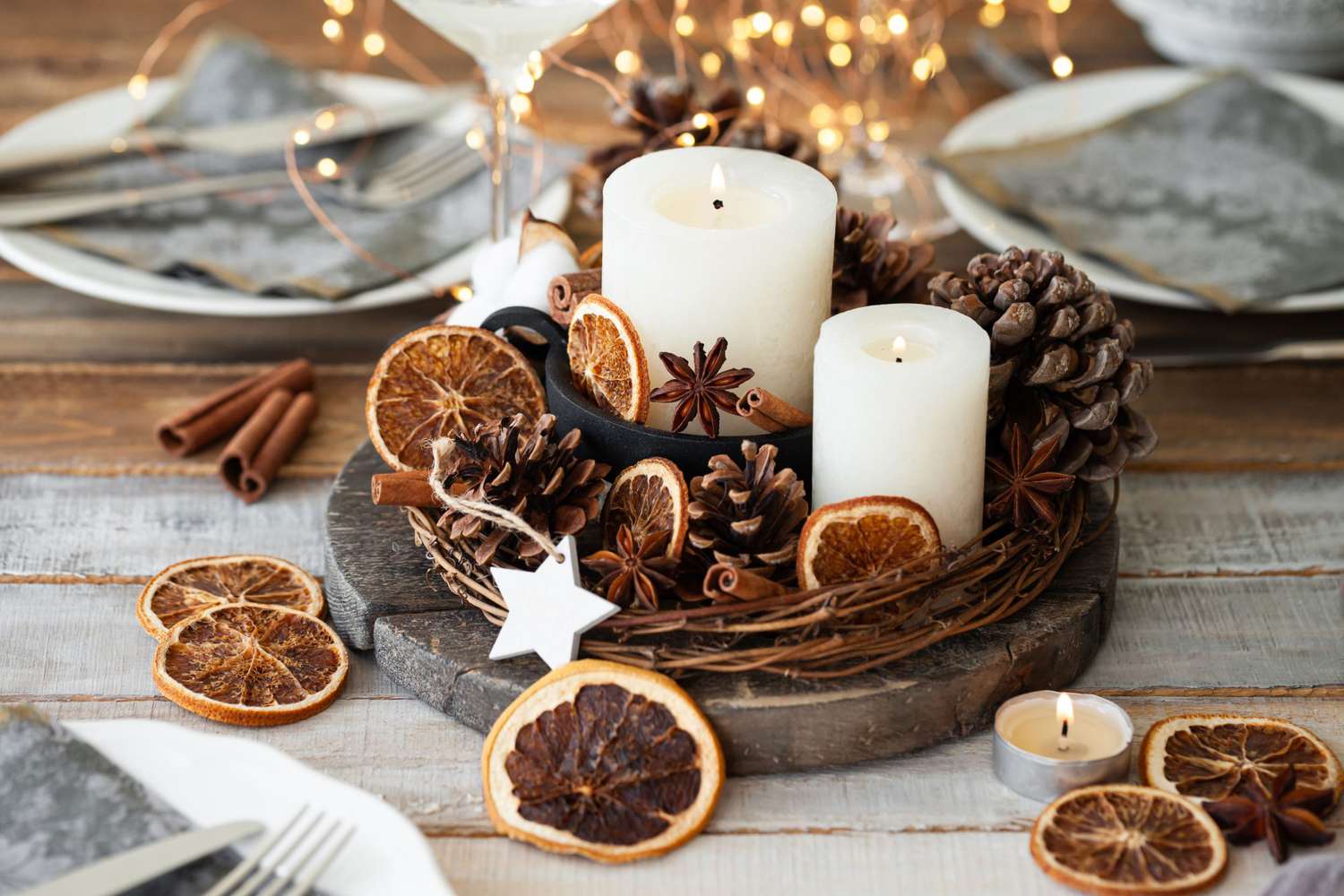 Rustic decor for christmas holiday. Centerpiece with white candle, dry orange, cones, cotton. Zero waste eco friendly home decoration.