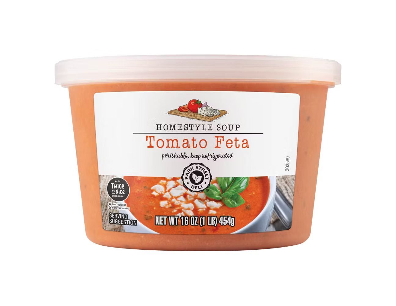 A container of tomato feta soup labeled as Homestyle Soup 16 ounce