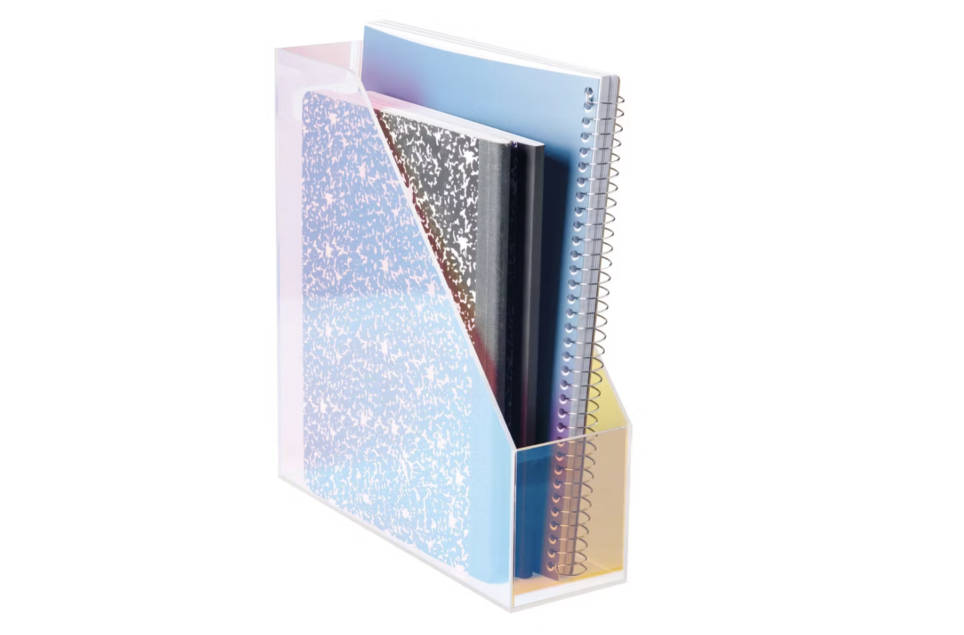 A clear vertical file organizer holding spiral and composition notebooks