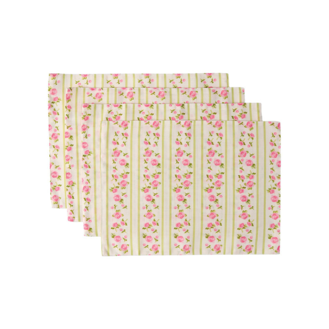 Four cloth napkins with floral and striped patterns