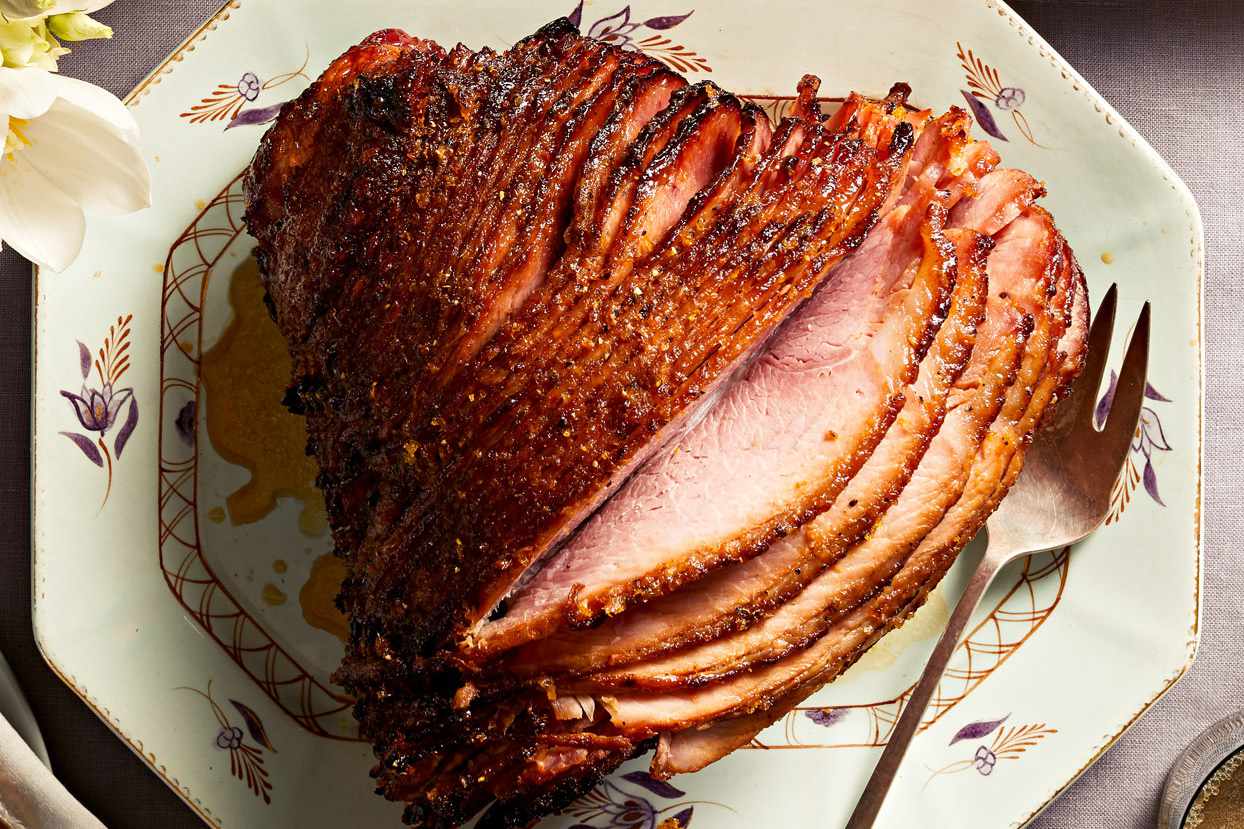 honey glazed spiral ham on platter