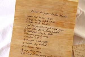 handwritten recipe on wood cutting board