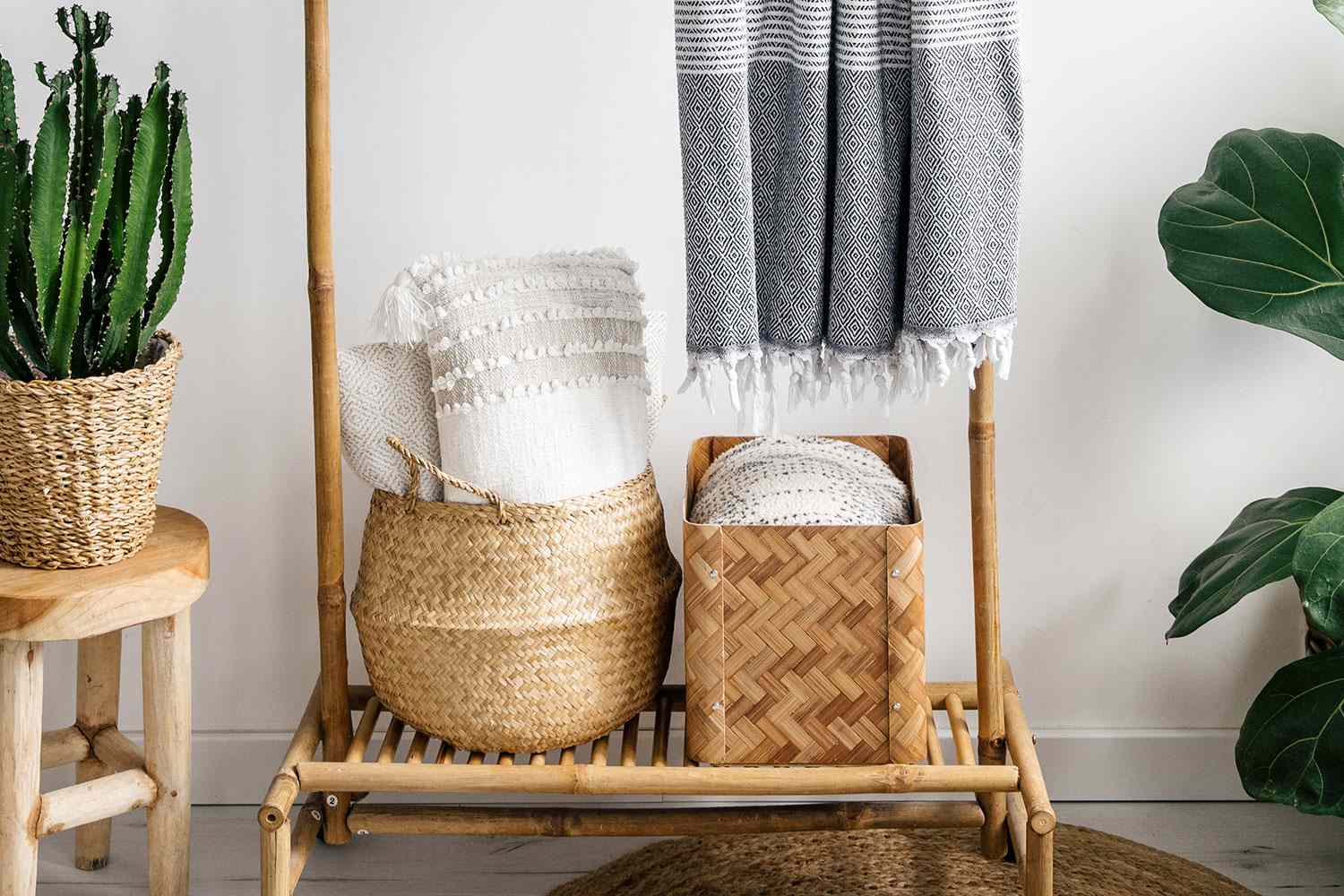 Baskets of pillows and blankets