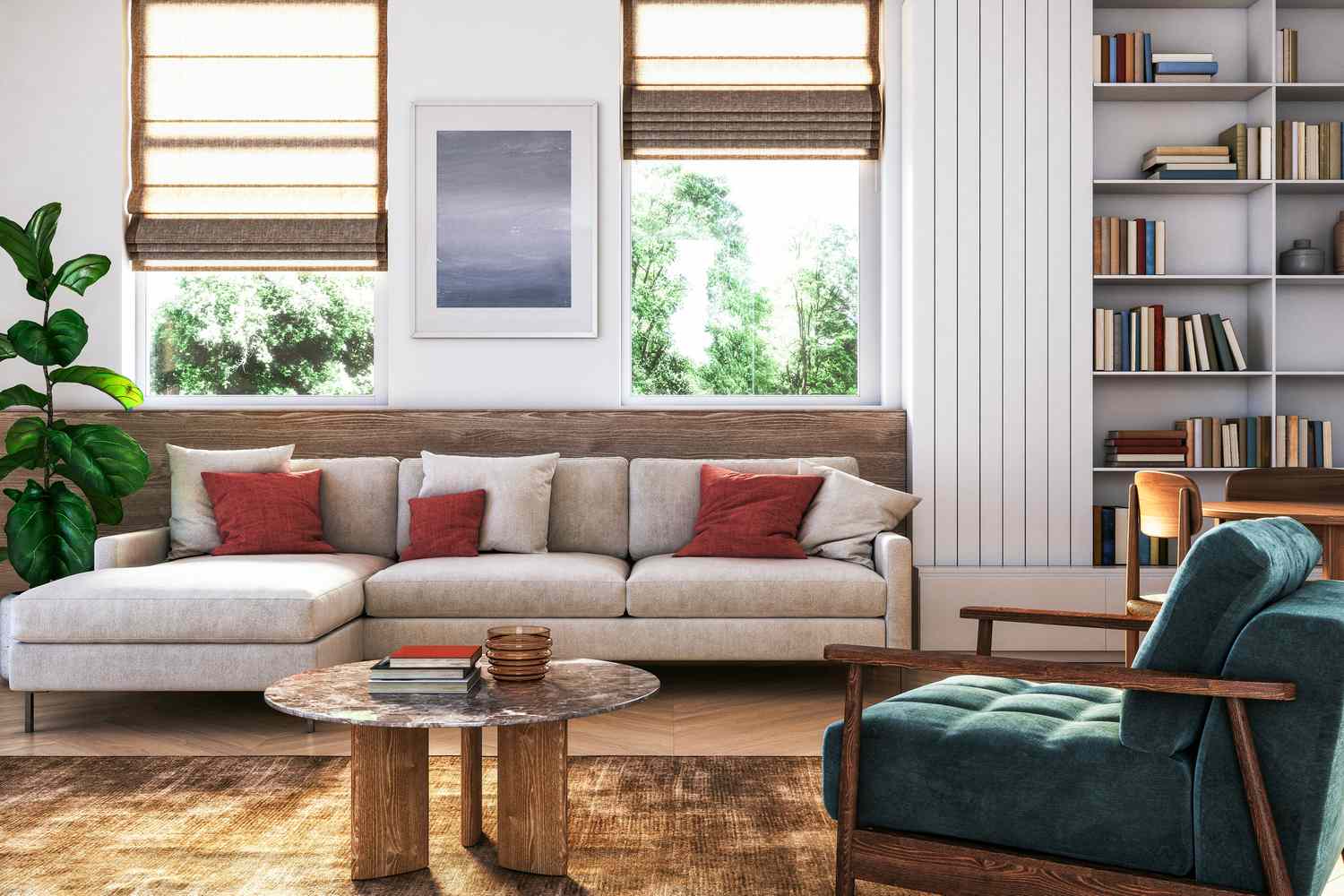 Updated living room with vintage furniture, accent pillows