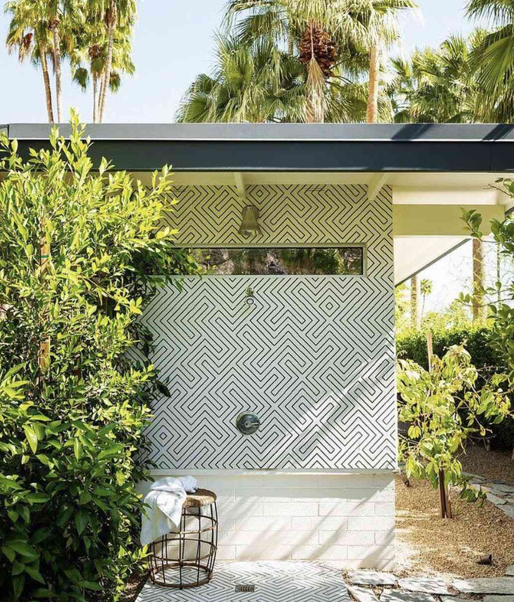 Outdoor shower with graphic tiles