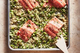 wild salmon with edamame cauliflower rice served in a pan