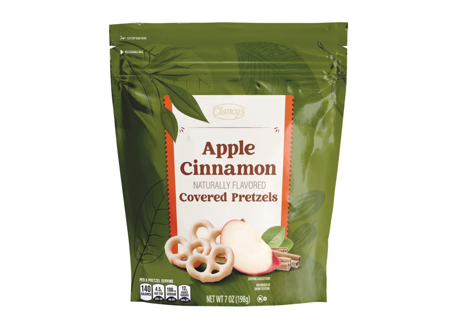 Bag of apple cinnamon flavored covered pretzels from Clancys