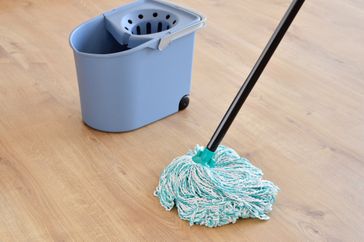 A mop and a bucket placed on a wooden floor