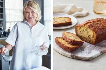 decorvow in a kitchen alongside a loaf of sliced banana bread on a marble board