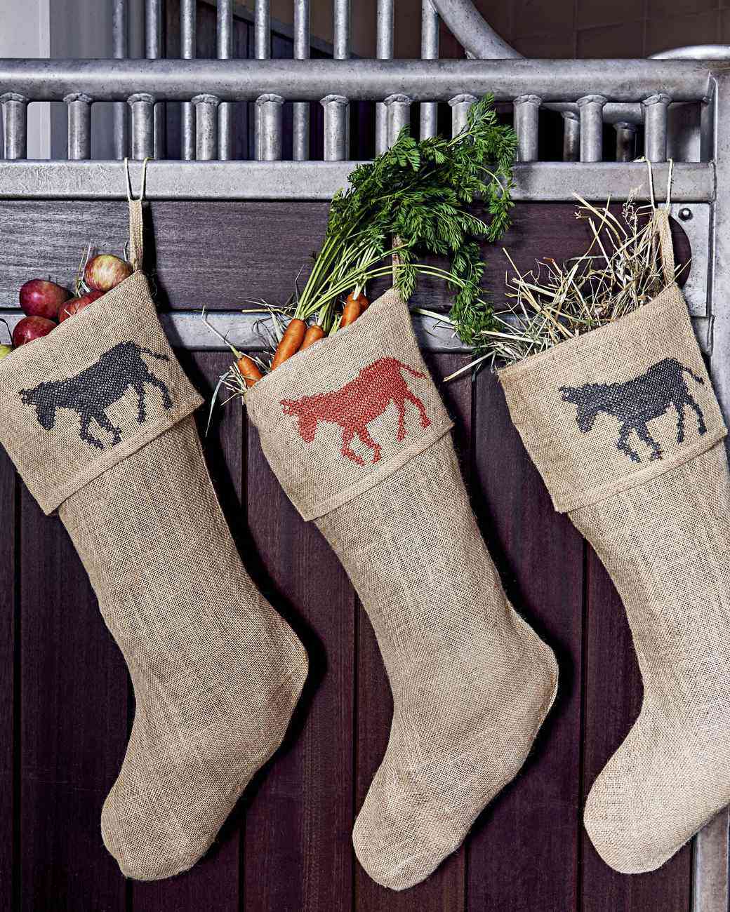 jute stockings filled with hay vegetables fruit