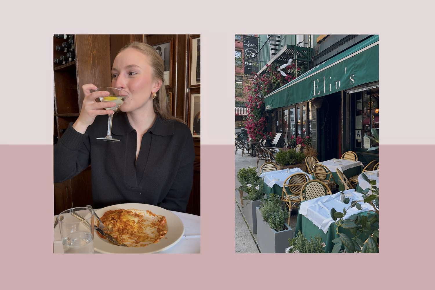 Drinking a martini, Elio's restaurant storefront