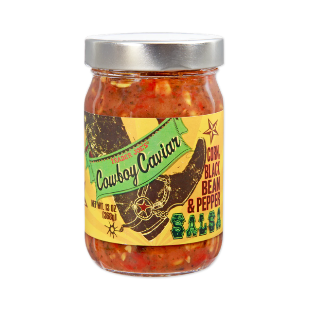 A jar of Trader Joes Cowboy Caviar salsa