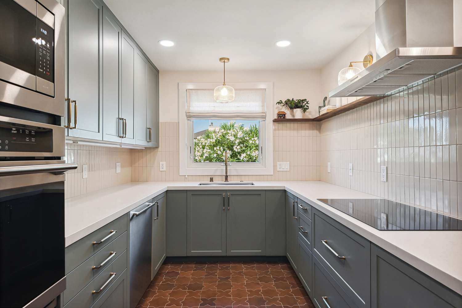 open and closed shelving galley kitchen