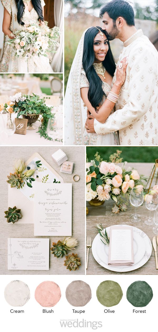 wedding color palette mood board cream, blush, taupe, olive, forest