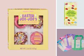 A box of Easterthemed JoeJoes cookies gourmet jelly beans and reusable shopping bags