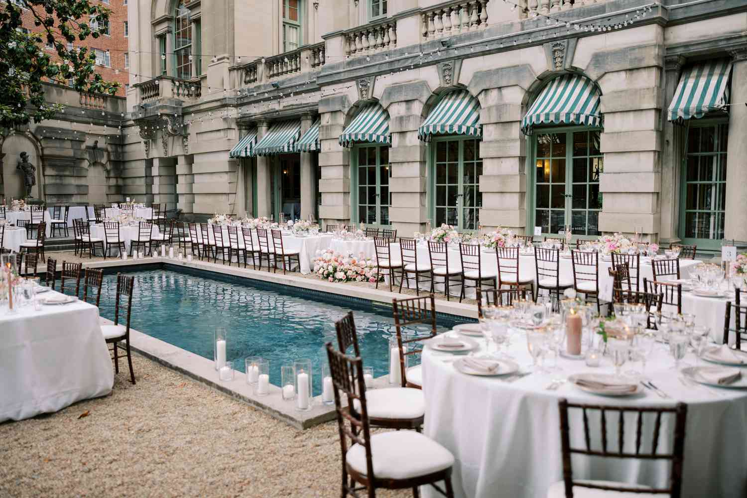 Tables surrounding a pool