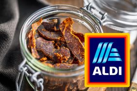 A jar of jerky next to Aldis logo suggesting a product offering
