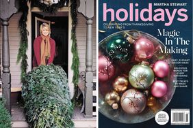A person stands on a porch with holiday decorations and greenery next to a magazine cover featuring holiday ornaments and festive text