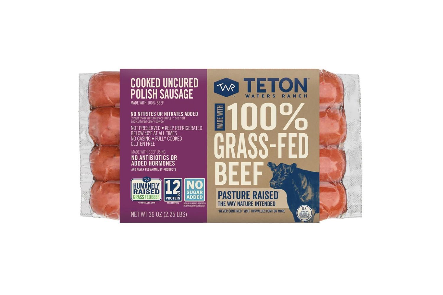 Packaged cooked uncured Polish sausage labeled Teton Waters Ranch 100 grassfed beef