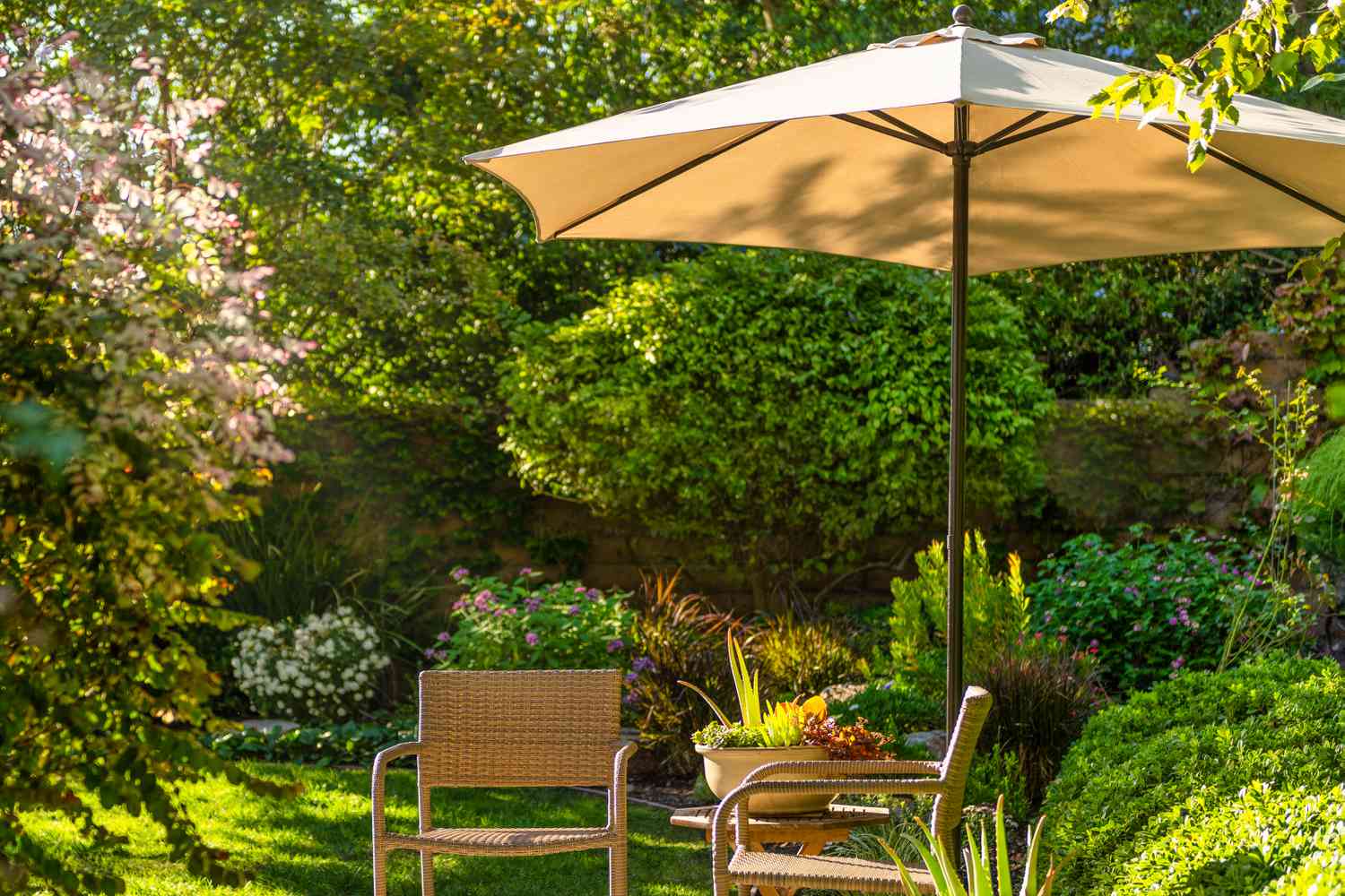 umbrella giving shade to beautiful backyard