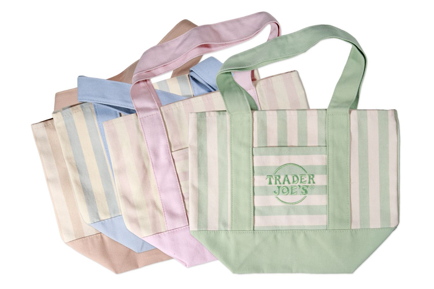 Reusable tote bags with Trader Joes logo arranged in multiple colors