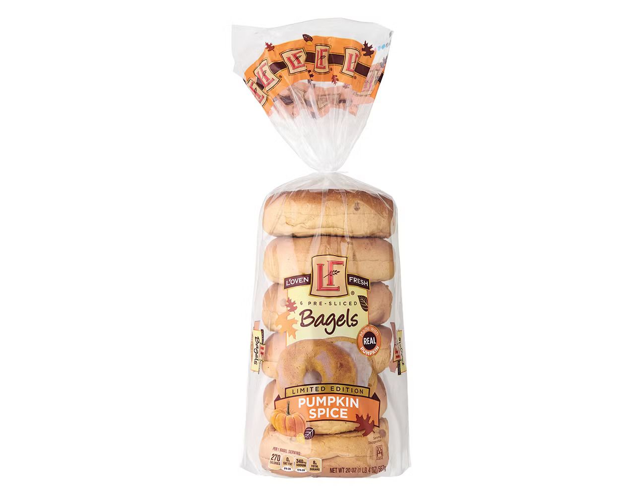 A package of pumpkin spice flavored bagels in transparent wrapping
