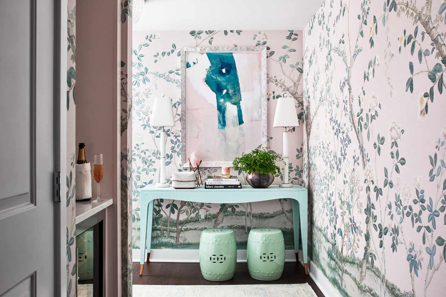 pink and blue wallpaper in hallway