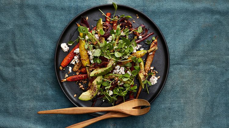 carrot avocado and feta with spring greens
