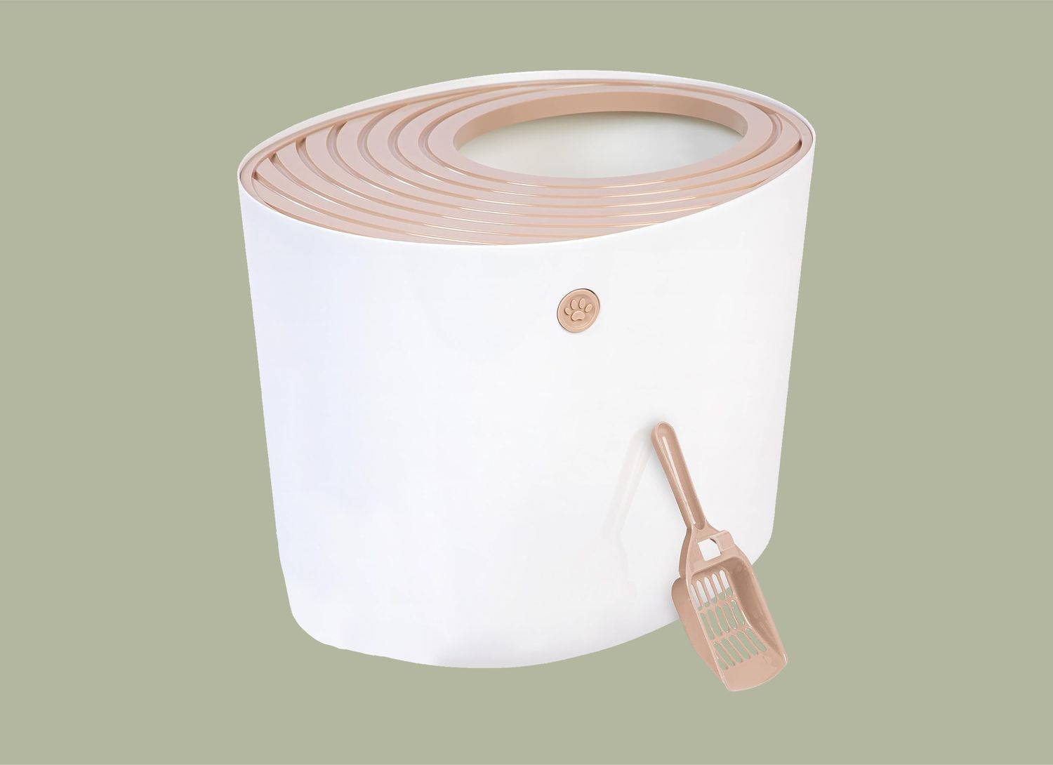 white and beige colored litter box with a scoop on green background