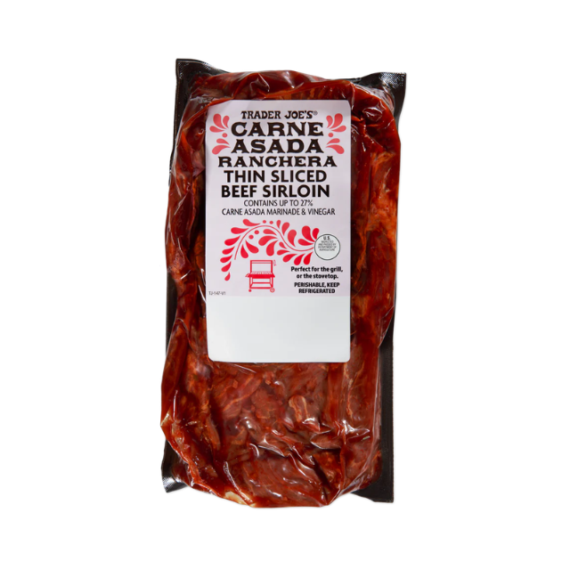 Package of premarinated thin sliced beef sirloin labeled as carne asada ranchera a product from Trader Joes