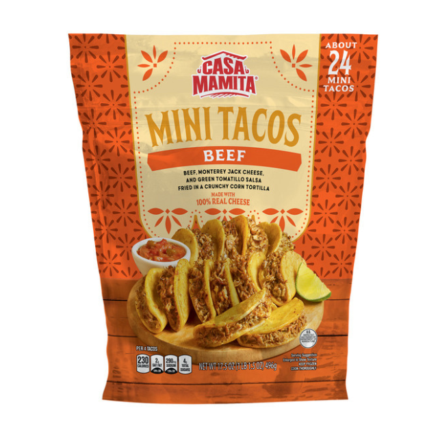Package of Casa Mamita Mini Tacos beef flavor showing tacos and a lime wedge