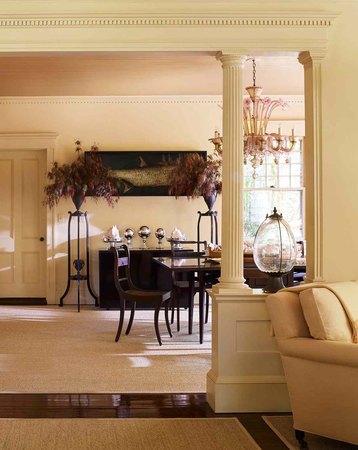 dining room with pink-and-yellow venetian-glass chandelier