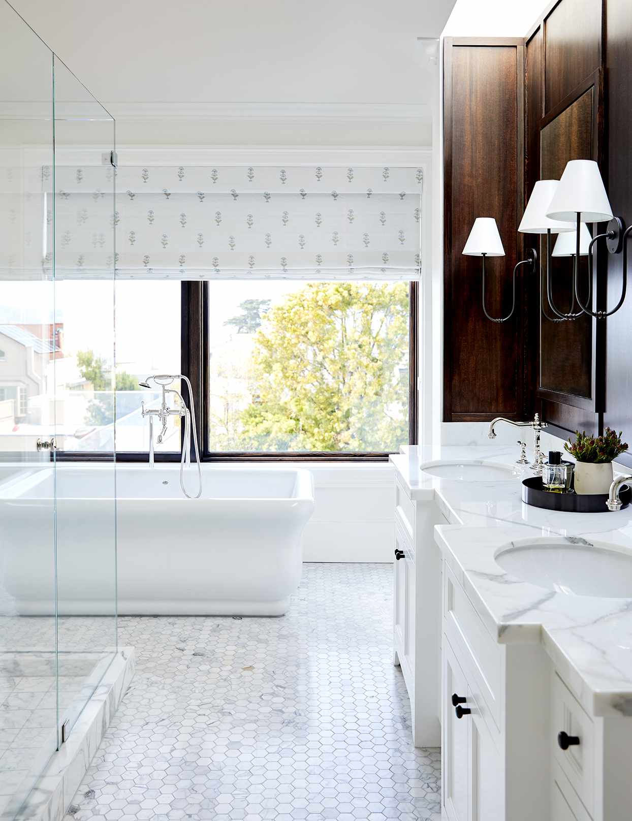 Bathroom with hexagon tile and marble counter