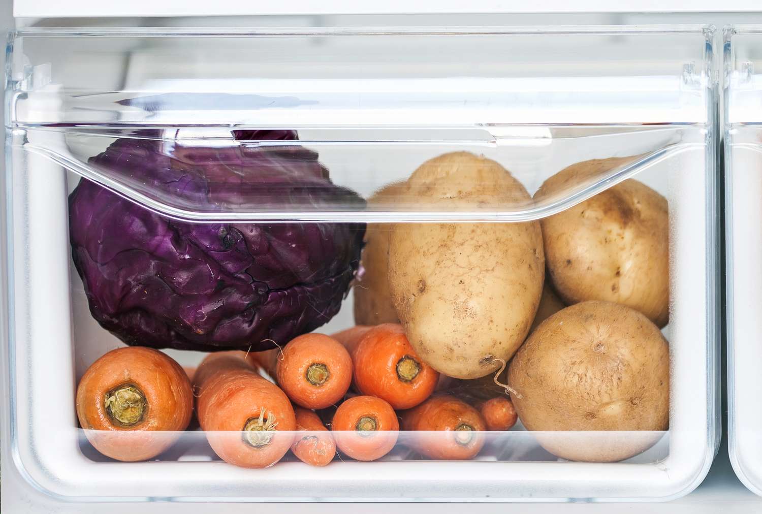 Vegetables including potatoes carrots and a cabbage stored inside a refrigerator drawer