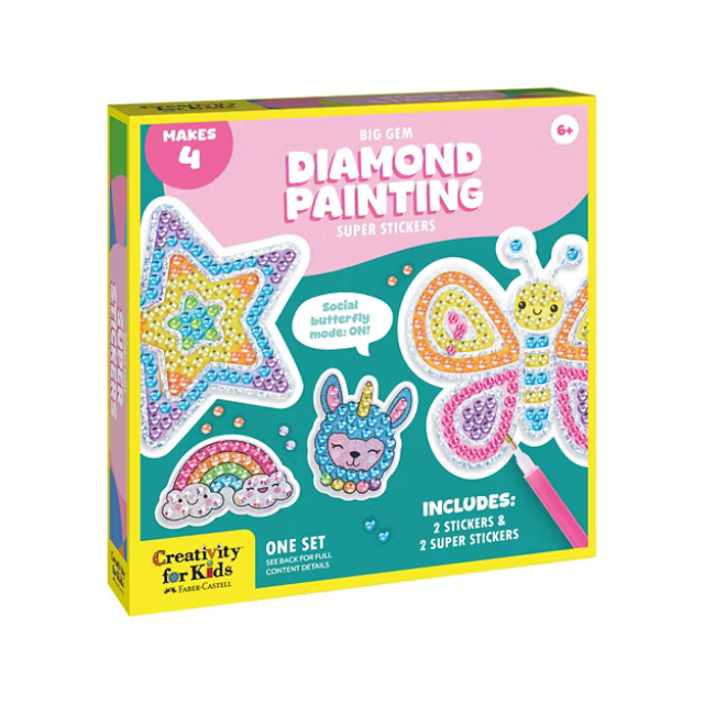 A Creativity for Kids diamond painting sticker kit featuring designs of a star butterfly rainbow and unicorn